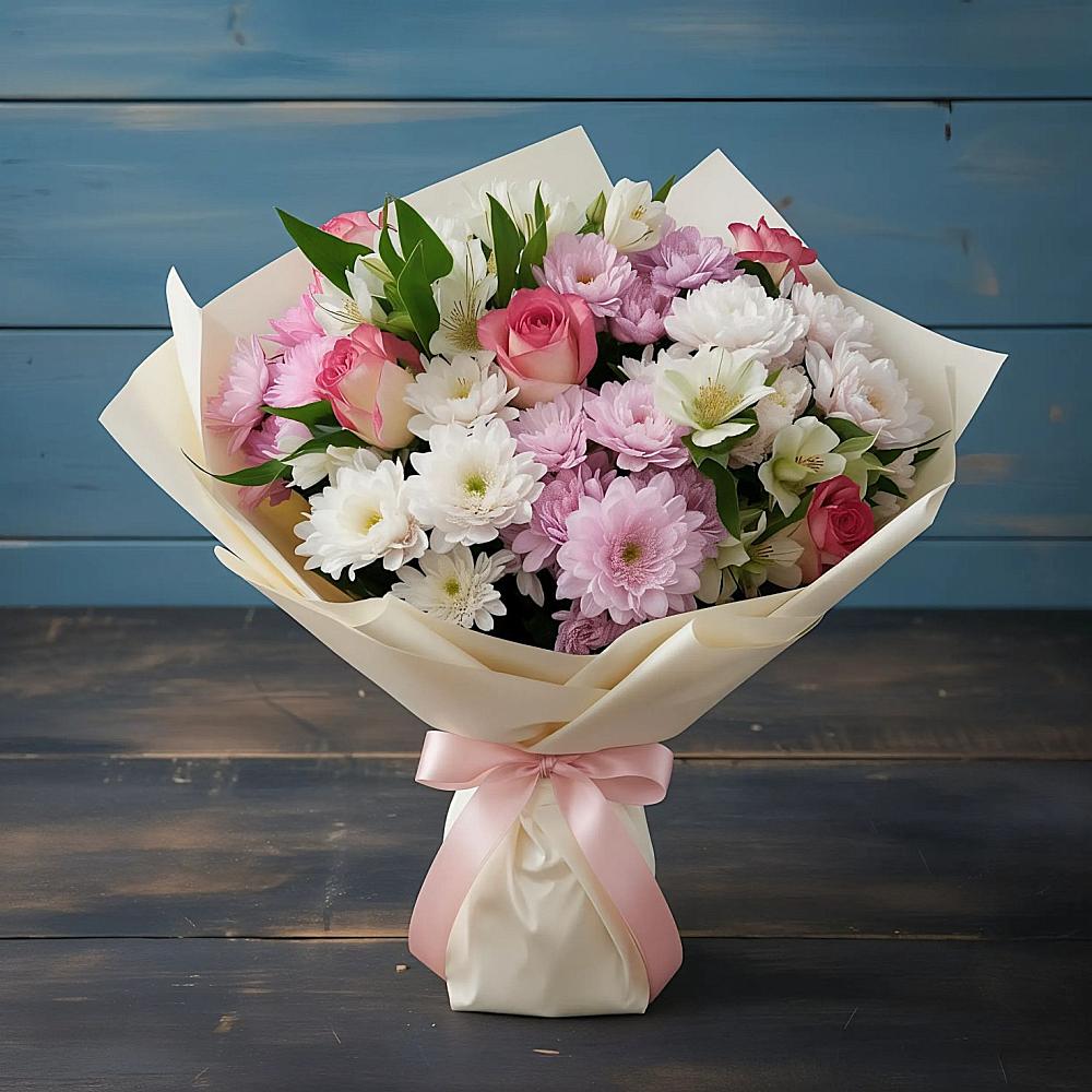 Букет цветов из: Хризантемы, Альстромерии и Розы в Тотьме